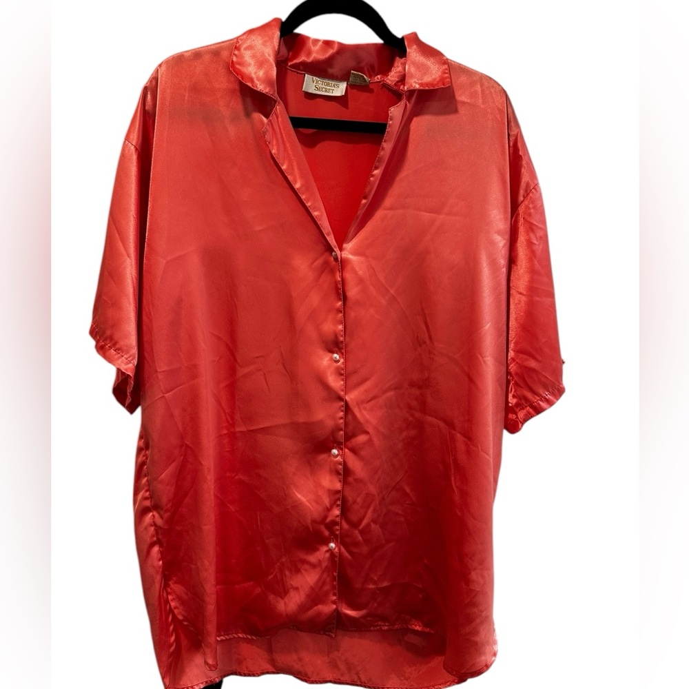 Victorias Secret Satin Sleep Shirt Top Short Sleeve Button‎ Up Coral P/S